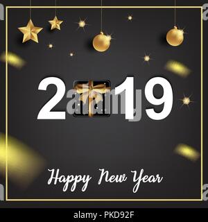 vector illustration of happy new year 2018 gold and black collors place for text christmas balls 2017 2019 Stock Vector
