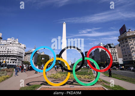 Buenos Aires cityscape with the Olympic logo celebrating the upcoming Youth olympic 2018 in Argentina Stock Photo