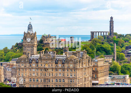 Edinburgh cityscape urban building skyline  aerial view from Edinburgh Castle featuring Calton Hill Stock Photo