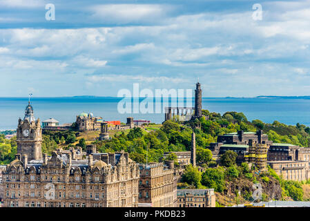 Edinburgh cityscape urban building skyline  aerial view from Edinburgh Castle featuring Calton Hill Stock Photo