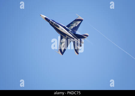 Captain Stefan Porteous of the Royal Canadian Air Force puts his McDonnell Douglas CF-188 Hornet  through an immpressive rehearsal at the RIAT Stock Photo