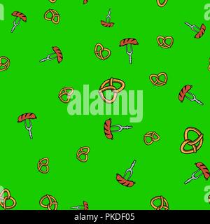 Pretzel and sausage pattern seamless. Vector illustration. Lime green background. Stock Vector
