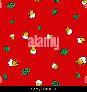 Beer and hop pattern seamless. Vector illustration. Red background. Stock Vector