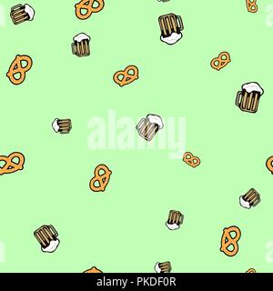 Beer and bretzel pattern seamless. Vector illustration. Light green background. Stock Vector