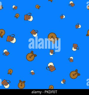 Beer and barrel pattern seamless. Vector illustration. Light blue background. Stock Vector