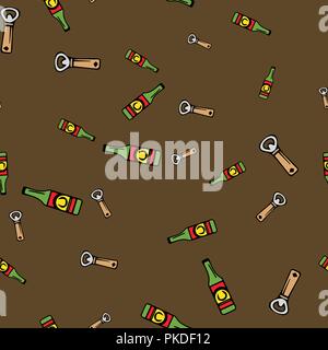 Beer and opener pattern seamless. Vector illustration. Brown background. Stock Vector