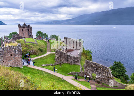 Drumnadrochit, United Kingdom - August 19, 2014: View of Urquhart Castle ruins beside Loch Ness, in the Highlands of Scotland Stock Photo