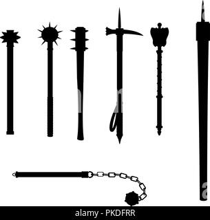 Medieval weapon mace warhammer outline isolated on white background Stock Vector