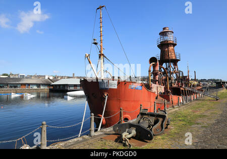 North Carr, the last remaining Scottish Lightship, moored on Victoria Dock & an attraction on the revitalised waterfront in Dundee, in Scotland, UK Stock Photo