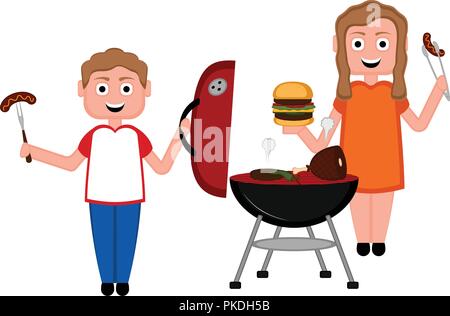 Couple preparing food on a barbecue grill. Vector illustration design Stock Vector