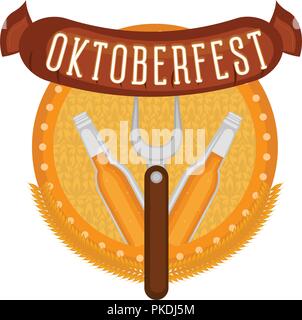 Oktoberfest label with a pair of beer bottles icon. Vector illustration design Stock Vector