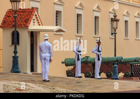 Monaco Ville, Monaco - October 13, 2013: Changing of the guards ceremony at the Prince's Palace on Palace Square Stock Photo