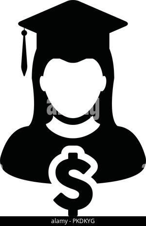 Student icon vector female person profile avatar with mortar board for graduation in flat color glyph pictogram illustration Stock Vector