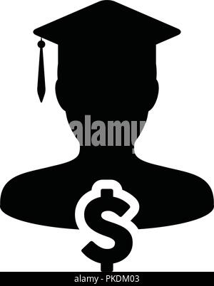 University icon vector male person profile avatar with dollar symbol and mortar board for education loanin flat color glyph pictogram illustration Stock Vector