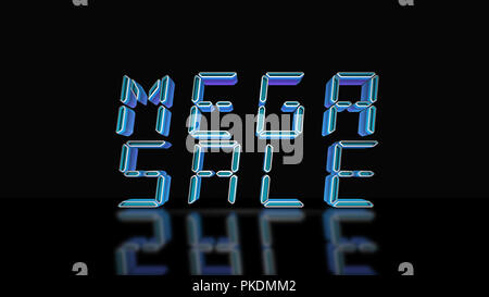 Mega Sale 3D Text Blue LED Letters, Black Background Stock Photo