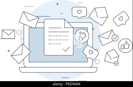 Email marketing icon - laptop and flying envelopes, mailing, e-mail delivery concept Stock Vector