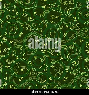 Seamless Pattern, Yellow Abstract Figures on Tile Green Background with Rings. Vector Stock Vector