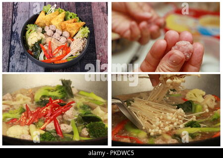 Homemade cooking Chinese food ,Crisy wonton and meat ball in Chinese kale soup with carrot,corn ,golden needle mushroom,cauliflower,bamboo mushroom an Stock Photo