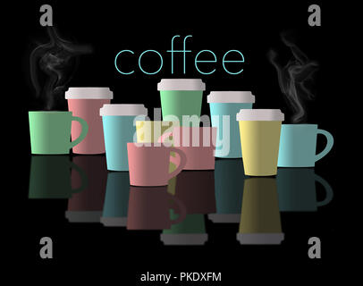 Coffee, cups of coffee are the subject of this illustration. Coffee cups are lined up and in pastel colors as they are reflected in the black foregrou Stock Photo