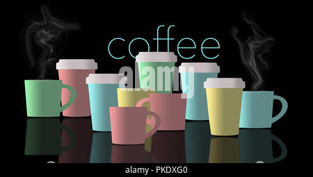 Coffee, cups of coffee are the subject of this illustration. Coffee cups are lined up and in pastel colors as they are reflected in the black foregrou Stock Photo