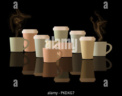 Coffee, cups of coffee are the subject of this illustration. Coffee cups are lined up and in pastel colors as they are reflected in the black foregrou Stock Photo