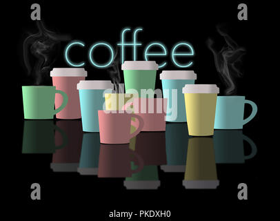 Coffee, cups of coffee are the subject of this illustration. Coffee cups are lined up and in pastel colors as they are reflected in the black foregrou Stock Photo