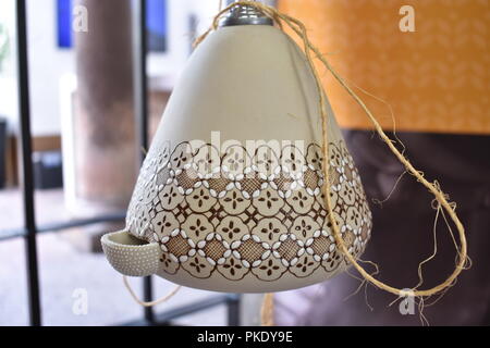 Mexican crafts handmade product beige ceramic painted with dots made in Queretaro Stock Photo