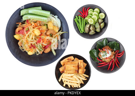 Isolated of Chinese vegetable festival as spicy papaya salad with mixed vegetable, deep fried spring roll and French fries ,Streamed vegetable curry i Stock Photo