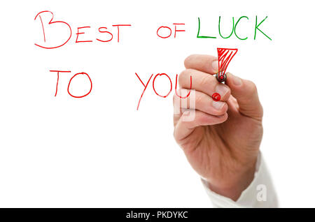 Male hand writing text Best of luck to you! on a virtual whiteboard. Stock Photo