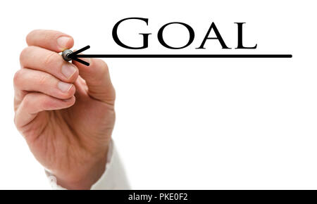 Word goal written on virtual whiteboard underlined with arrow pointing left. Stock Photo