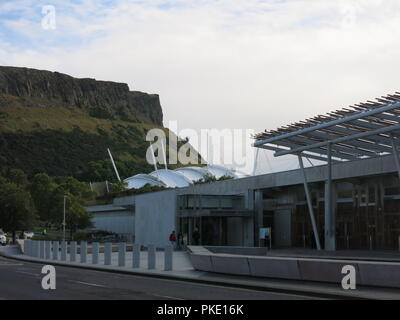 At 14 years old, the Scottish Parliament Building still looks a striking post-modern, controversial building near Holyrood Palace, Edinburgh. Stock Photo