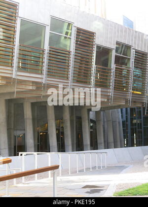 At 14 years old, the Scottish Parliament Building still looks a striking post-modern, controversial building near Holyrood Palace, Edinburgh. Stock Photo