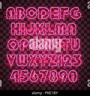 Shining and glowing red neon alphabet and digits. Stock Vector