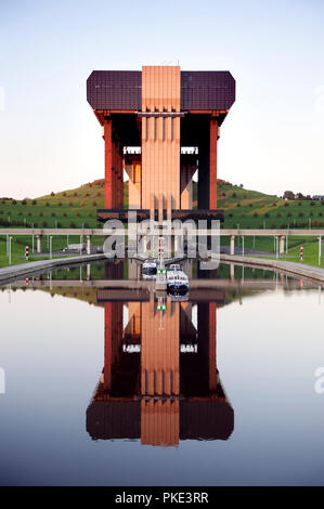 The boat lift of Strépy-Thieu on the Canal du Centre, located on the border of Strépy-Bracquegnies and Thieu (Belgium, 03/10/2011) Stock Photo