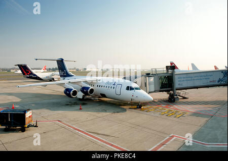 The airport ramp or apron of the Brussels National Airport (Belgium, 15/04/2010) Stock Photo