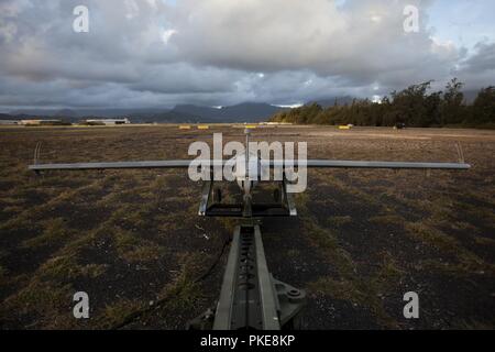 A U.S. Marine Corps RQ-7B Shadow Unmanned Aircraft System (UAS) assigned to Marine Unmanned Aerial Vehicle Squadron 3, prepares to launch in support of the amphibious landing demonstration as part of Rim of the Pacific (RIMPAC) exercise Marine Corps Base Hawaii July 21, 2018. The launch was the last flight for the Shadow in the U.S. Marine Corps in which the platform will be replaced with the RQ-21 Blackjack, a technologically superior and expeditionary UAS. RIMPAC provides high-value training for task-organized, highly capable Marine Air-Ground Task Force and enhances the critical crisis resp Stock Photo