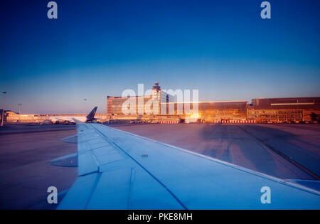 The airport ramp or apron of the Brussels National Airport (Belgium, 10/08/2012) Stock Photo