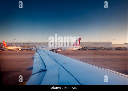The airport ramp or apron of the Brussels National Airport (Belgium, 10/08/2012) Stock Photo