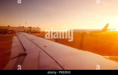 A Brussels Airlines airplane landing on the airport ramp or apron of the Brussels National Airport (Belgium, 10/08/2012) Stock Photo