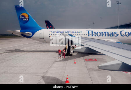 The airport ramp or apron of the Brussels National Airport (Belgium, 21/08/2012) Stock Photo