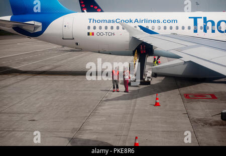 The airport ramp or apron of the Brussels National Airport (Belgium, 21/08/2012) Stock Photo