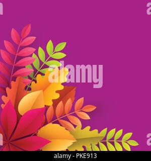 Paper autumn leaves colorful background. Trendy origami paper cut style vector illustration Stock Vector