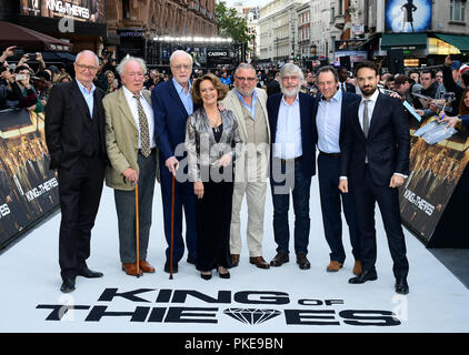 Left to right, Jim Broadbent, Sir Michael Gambon, Sir Michael Caine, Francesca Annis, Ray Winstone, Sir Tom Courtenay, Paul Whitehouse and Charlie Cox arriving for the King of Thieves World Premiere held at Vue West End, Leicester Square, London. Stock Photo