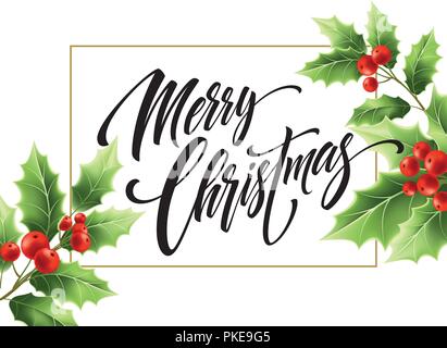 Merry Christmas hand drawn lettering in rectangular frame Stock Vector