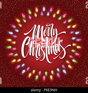 Merry Christmas lettering in gerland circle frame Stock Vector