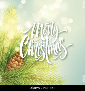 Merry Christmas white hand drawn lettering on light background Stock Vector