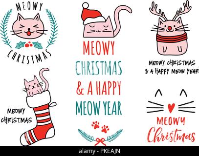 Meowy Christmas with cute cats, hand drawn doodle, set of vector design elements Stock Vector