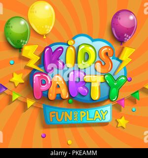 Super Banner for kids party in cartoon style with sunburst background. Place for fun and play, kids game room for birthday party. Poster for children's playroom decoration. Vector illustration. Stock Vector