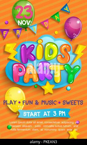 Super Flyer for kids party in cartoon style with sunburst background. Place for fun and play, kids game room for birthday party. Poster for children's playroom decoration. Vector illustration. Stock Vector