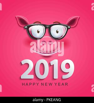 Cute greeting card for 2019 new year with smiling clever pig's face in glasses on pink background.Chinese symbol of the 2019 year. Zodiac, lunar sign of goroscope.Year of the pig. Vector illustration. Stock Vector